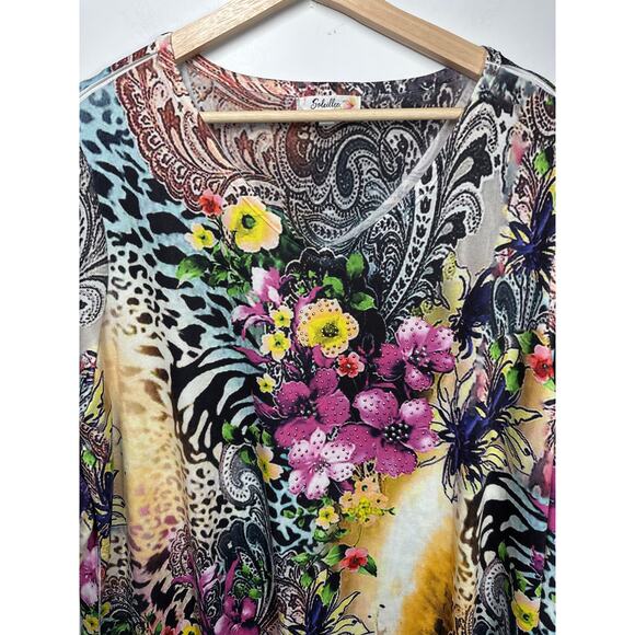 Soleillee Floral Embellished Colorful Knit Tunic Top Artsy Watercolor Bling 1X - Picture 2 of 12